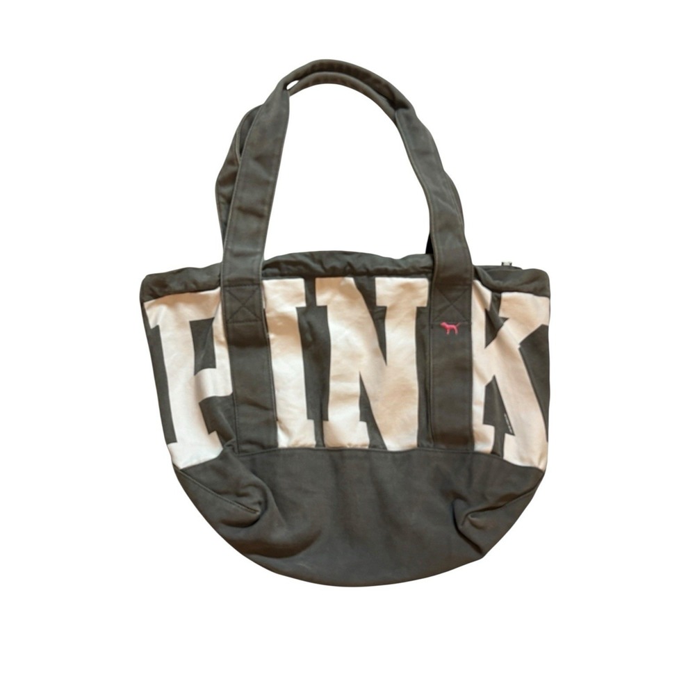 PINK Brand ote Bag Y2K 90s Large Canvas Gray TPreppy Oversized LOVE Spellout